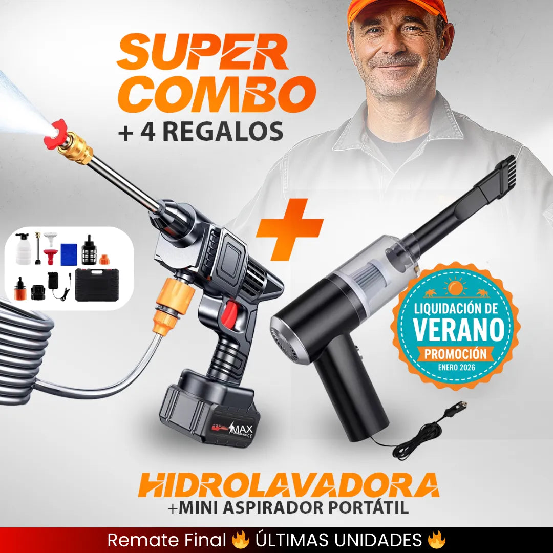 COMBO LIQUIDACIÓN DE VERANO: Hidrolavadora + (Aspiradora Portátil + Doble Batería + Maletín)